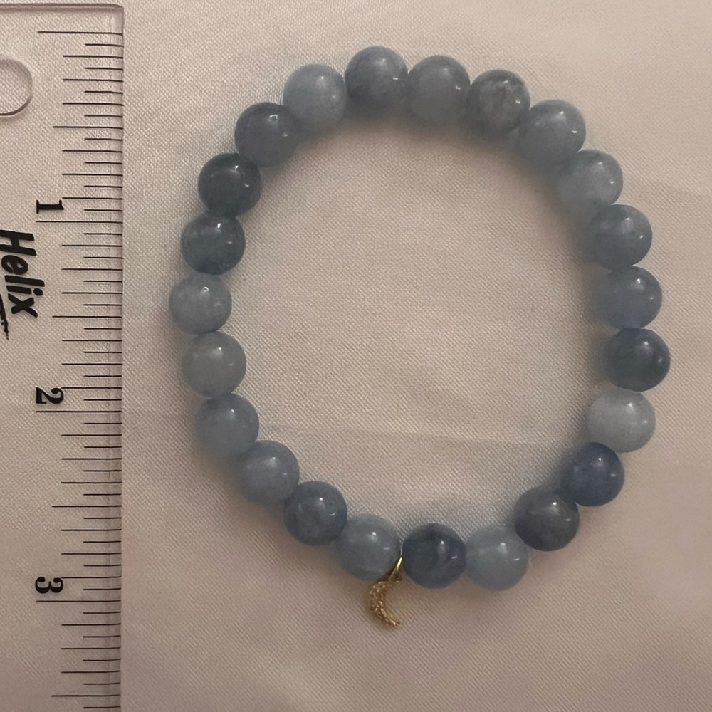 Genuine aquamarine bead stretch bracelet with sterling silver vermeil moon charm